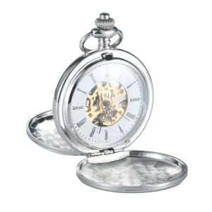 Blank Silver Smooth Double Full Hunter Case Steampunk Skeleton Dial Mechanical Pocket Watch with Chain