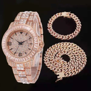 Bling Watch Set Rhinestone 13mm Cuban Chain Necklace Bracelet With Men’s Dial Quartz Diamond Watch Jewelry Set