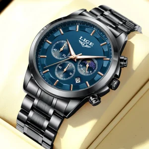 Blue Dial Luxury Stainless Steel Quartz Men’s Watch Three Eye Moon Phase Luminous Simple Cartoon Water Resistant