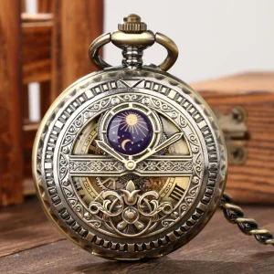 Blue Moon Star Steampunk Skeleton Hand Wind Mechanical Pocket Watch for Men Hollow Hunter Pendant Watch with Fob Chain