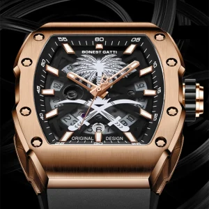 Bonest Gatti Fashion Luxury Mens Tonneau Shape Automatic Mechanical Watch Anti Glare Sapphire Crystal Silicone Band Date Display