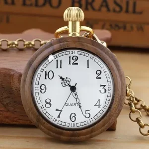 Boshiya Simple Retro Classic Wooden Quartz Pocket Watch for Gift with Chain