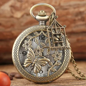 Bronze Butterfly and Flower Pocket Watch Retro Pocket Watches for Women Chain Steampunk Pendant Gifts Pocket Quartz Watch