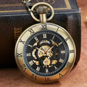 Bronze Mechanical Pocket Watch Roman Numerals Dial Skeleton Design Luxury Men Pocket Watch