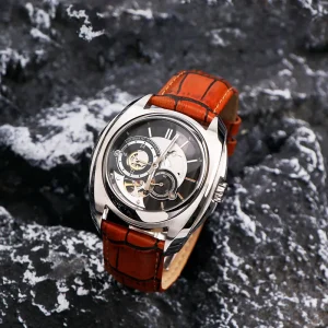 Brown Leather Strap 100m Water Resistant Mechanical Movement Watch Stainless Steel Big Dial Skeleton Wristwatches