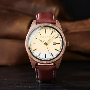 Business Art Design Eco Fashion Oem Analog 44mm Wooden Case Leather Strap Watch Unisex