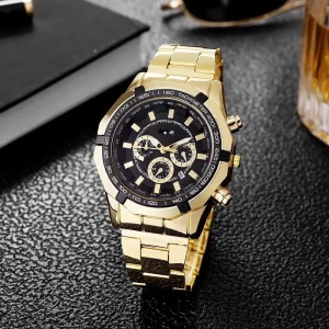 Business Casual Men’s Steel Strap Watch Large Dial Calendar Fashion Quartz Watch