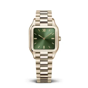 Business Elegant Rectangle Green Dial Women’s Analog Water Resistant Stainless Steel Gold Watch Vintage