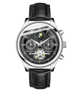 Business Luxury Men’s Stainless Steel Automatic Leather Strap Watch with Moon Phase and Waterproof