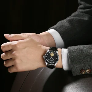 Business Mechanical Watch Men Custom Logo Auto Date Waterproof Luminous Genuine Leather Strap Limited Wristwatch
