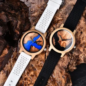 Business Men Bamboo Watch Japanese Quartz Movement Couple Customizable Antique Cartoon Design with Silicone Band