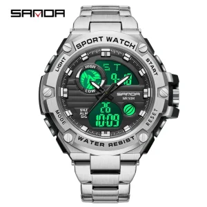 Business Men’s Electronic Quartz Watch Waterproof Stainless Steel Dual Movement Display Multi Functional Montres Hommes