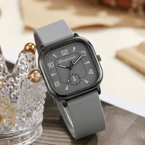 Business Men’s Fashion Quartz Eco Friendly Luxury Watch with Alloy Case Square Dial Silicone Strap 9mm Thickness