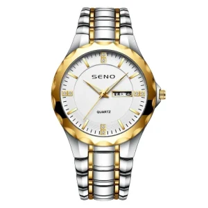 Business Men’s Watch Alloy Case Waterproof Diamond Markers Luminous Hands Dual Calendar Customizable Quartz Watch