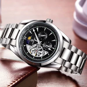 Business Men’s Watch Fully Automatic Mechanical Movement Mineral Glass Luxury Stainless Steel Watch Band Relogio