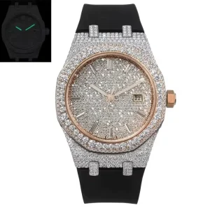 Business Moissanite Watch with Iced Out Bracelet and Rubber Strap Sapphire Crystal 5ATM