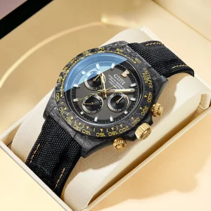 Business Round Mechanical Men Watch Carbon Fiber Dial Sapphire Crystal Glass Multifunction 50M Waterproof Wristwatch