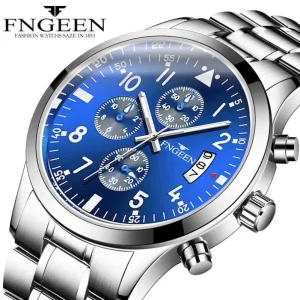 Business Style 41MM Large Dial Calendar Waterproof Multi-Functional Timing Stainless Steel Leather Quartz Men’s Watch
