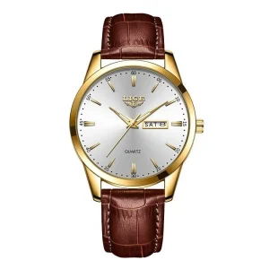 Business Style Men’s Quartz Watch with Weekday Calendar Display Luminous Waterproof Brown Leather Band Dress Wristwatch