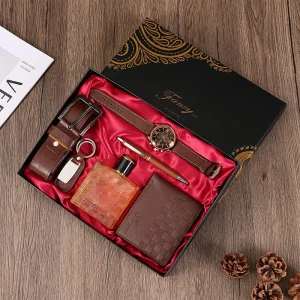Business Watch Gift Set with Men’s Perfume, Leather Wallet, and Pen