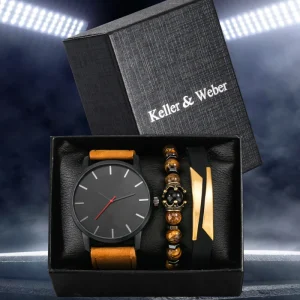 Business Watches for Men Leather Strap Quartz Watch Bracelet Set With Box Gift Set Watch Jewelry Set