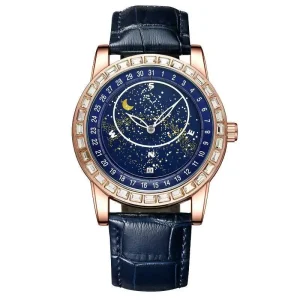 Businessman Luxury 50mm Alloy Dial Watch Luminous Date Display Waterproof Diamond Accents Men’s Fashion Leather Business Style