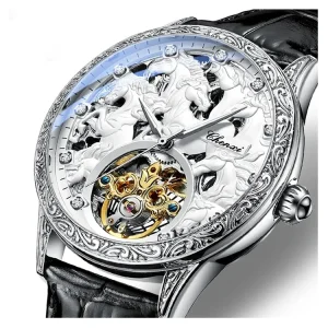 CHENXI 6029 Men Genuine Leather Fashion Hollow Out China Mechanical Watches Waterproof Luminous Automatic Watches Gold