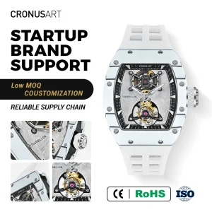 CRONUSART Custom Carbon Fiber White Mechanical Rubber Power Reserve Watches Tonneau Case Limited Edition Skeleton Men’s Watch