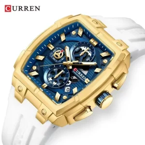 CURREN 8488 男士白色硅胶表带石英手表 多功能计时防水夜光男士手表