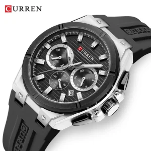 CURREN Men Multifunction Quartz Watches Waterproof Black Silicone Strap Mens Sport Watch Casual Chronograph