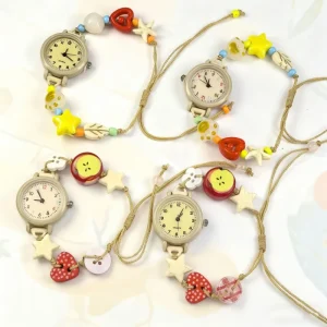 Candy Color Girl’s Watch Cute for Cat’s Claw Handmade Plastic Beaded Bracelet Quartz Pointer Women’s Watch