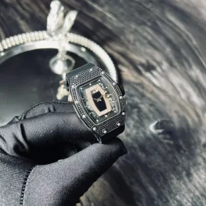 Carbon TPT Rose Gold Color Diamond Paved Automatic Mechanical Hollow Skeleton Men’s Watch