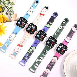 Cartoon Animation Printed LED Digital Display Sport Watch with Plastic Band, Square Case