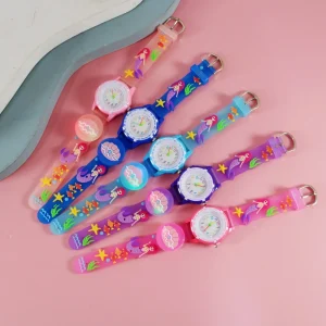 Cartoon Quartz Luminous Watch with Scaled Round Case, Mermaid Strap