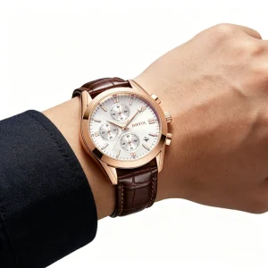 Casual Fashion Luminous Men’s Chronograph Quartz Watch Leather Strap with Date