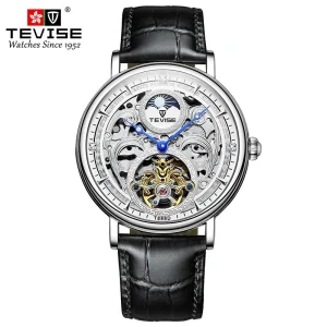 Casual Men’s Leather Strap 44mm Analog Dial Automatic Mechanical Watch Water Resistant Fashion Business