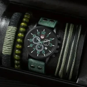 Casual Men’s Quartz Wristwatch Double Stud Bracelet 44mm Glass Dial Window Digital Three Eyes Calendar Leather Band