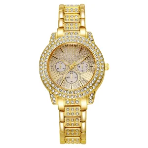 Casual Style Women’s Gold Wrist Watch Diamond-Encrusted Dial 32mm Alloy Glass Simple Gift Quartz Watch for Ladies