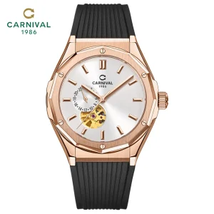 Casual Tourbillon Skeleton Style Rubber Strap Rose Gold Stainless Steel Case Business Men’s Automatic Mechanical Watch