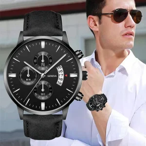 Casual Wrist Watch for Men Simple Style Dial Calendar Leather Strap Fashion Quartz Watch