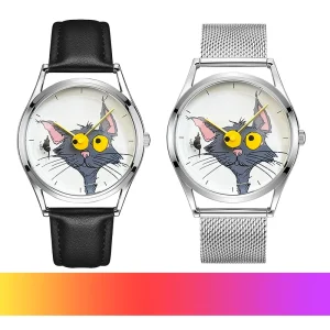 CatMouse Cartoon Watch With Leather Strap Quartz Movement Waterproof Stylish Design Men Woman Kids