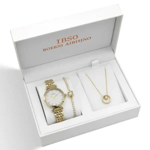 Charm Bracelet Women’s Watch Jewelry Set IBSO Luxury Fashion Women’s Waterproof Quartz Watch Set Three Piece Set