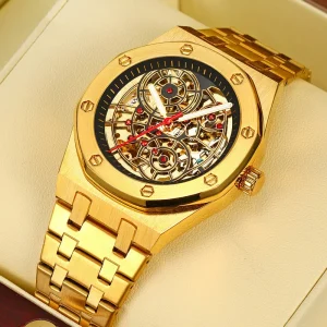China Watch 3 ATM Waterproof Luxury Gold Sport Men’s Automatic Mechanical Watch Glass Dial Stainless Steel Case 42mm Limited