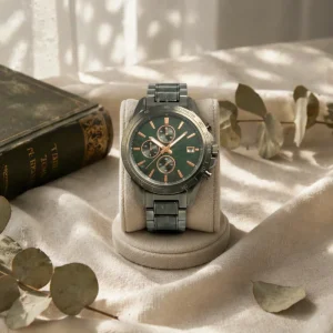 Chronograph Men Watch Forest Green Sunburst Dial Rose Gold Indexes Full Steel Link Bracelet Business Sport Waterproof Wristwatch
