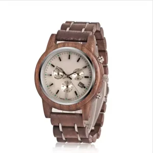 Chronograph Quartz Movement Natural Handmade Wooden Wristwatch with Luminous Dial, Men’s Luxury Vogue Wood Watch