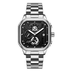Chronograph Sport Stainless Steel Quartz Men’s Watch Square Dial Luminous Waterproof Date Wristwatch