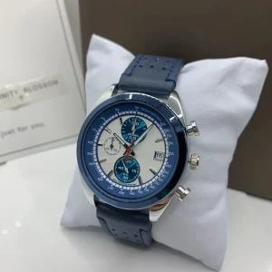 Chronograph Stainless Steel Case Contrast Blue White Dial Tachymeter Bezel Quartz Watch
