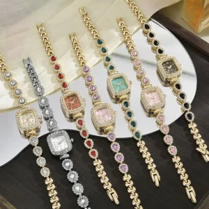 Classic Alloy Square CZ Bezel Colorful Gemstone Link Bracelet Quartz Watch for Women Custom Logo
