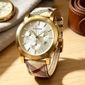 Classic British Stripe Three-eye Calendar Genuine Leather Casual Women’s Quartz Watch
