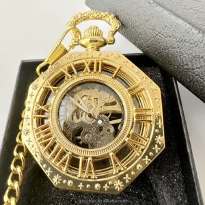 Classic Embossed Hollow Mechanical Watch Gold Octagon Roman Mechanical Pocket Watches